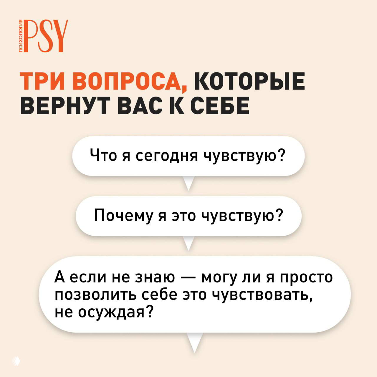 Инфографика: бежевый фон, заголовок «Три вопросы, которые вернут вас к себе» и три облака с вопросами для практики осознанности.