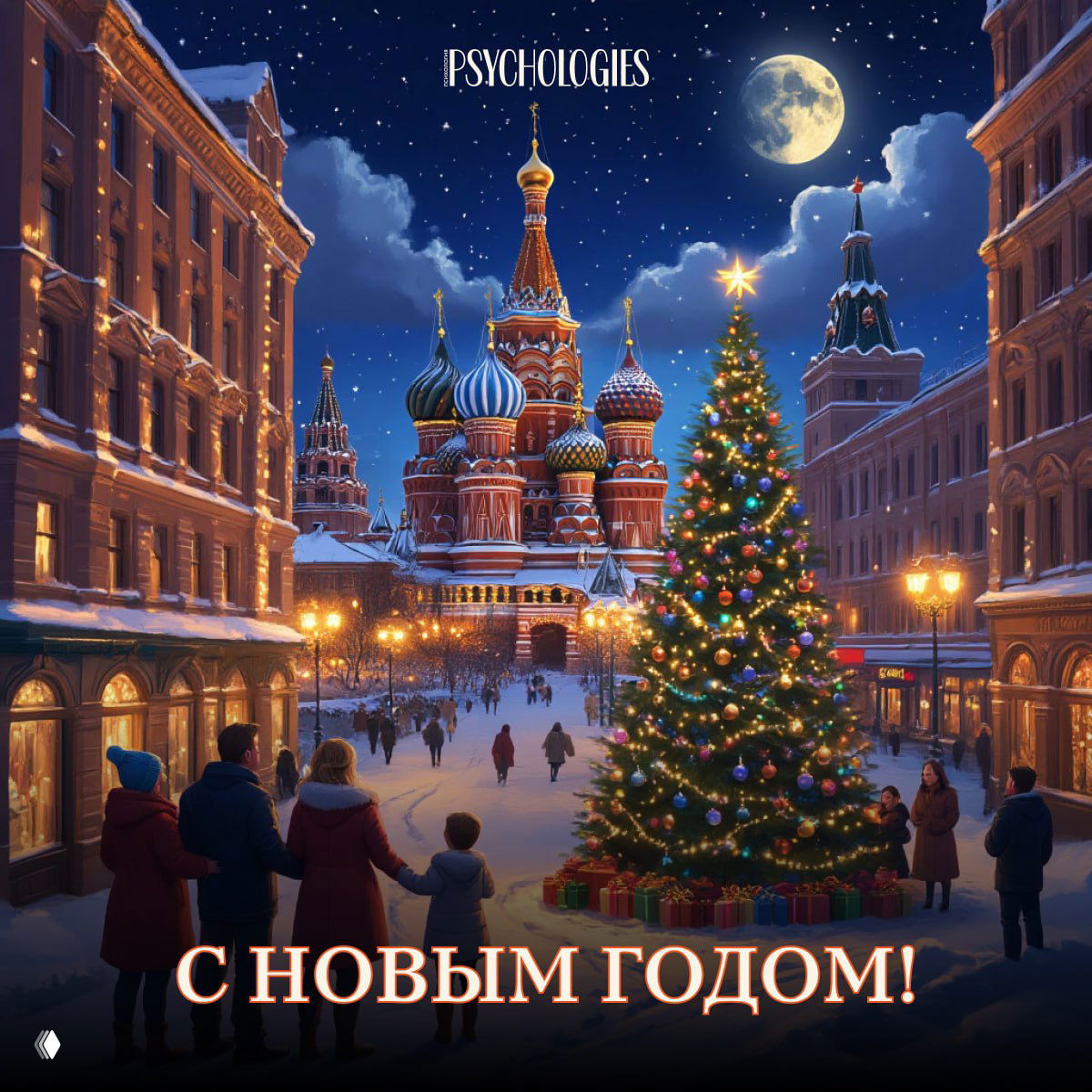 Новогодняя сцена на Красной площади: украшенная ёлка и гуляющие люди вечером под луной и мерцанием огней и гирлянд.
