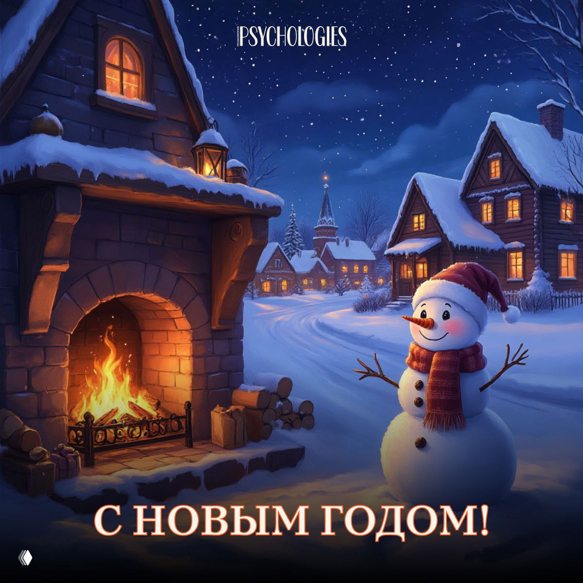 Тёплая зимняя открытка у камина: домики в снегу, горящий очаг и дружелюбный снеговик на переднем плане в ночь перед праздником.