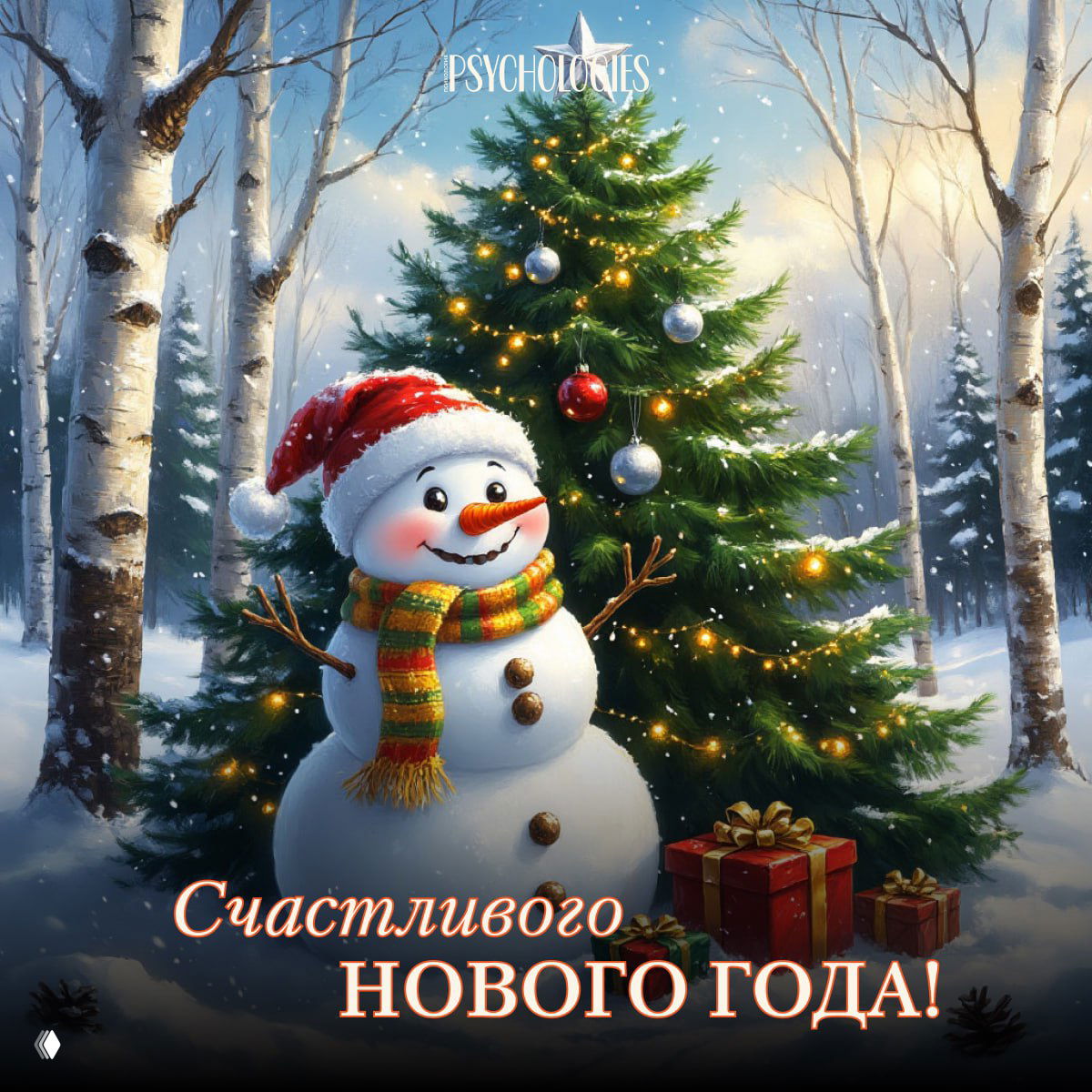 Новогодняя открытка со снеговиком и украшенной ёлкой в березовой роще: игрушки, гирлянды и подарки на снегу под голубым небом.