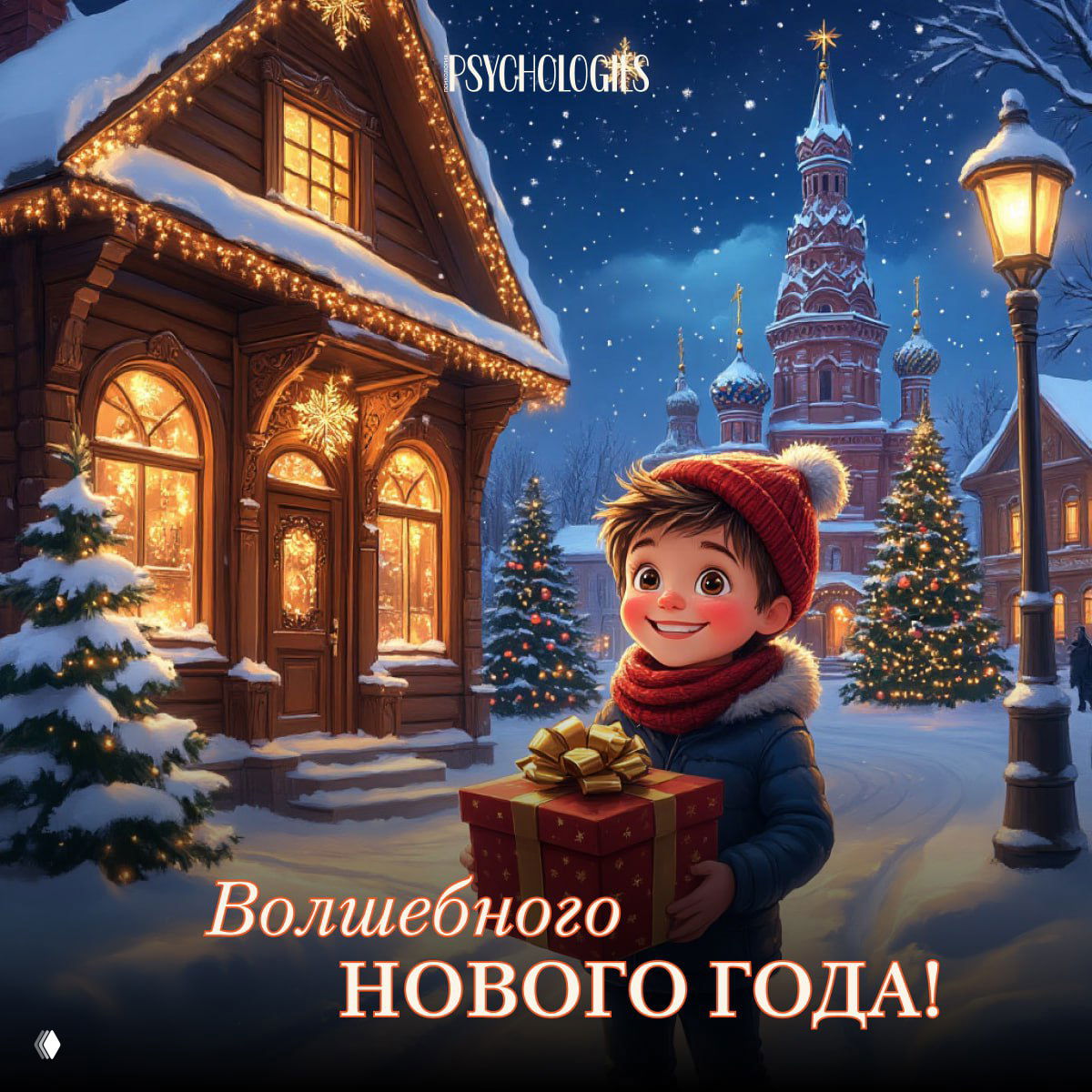 Иллюстрация маленького ребёнка с подарком в зимнем городке, огни ёлок и украшенные дома создают ощущение волшебного праздника.