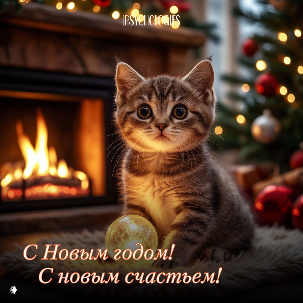 Тёплая домашняя сцена с котёнком у камина и украшенной ёлкой: уютная праздничная открытка с нежными тонами и подарками.
