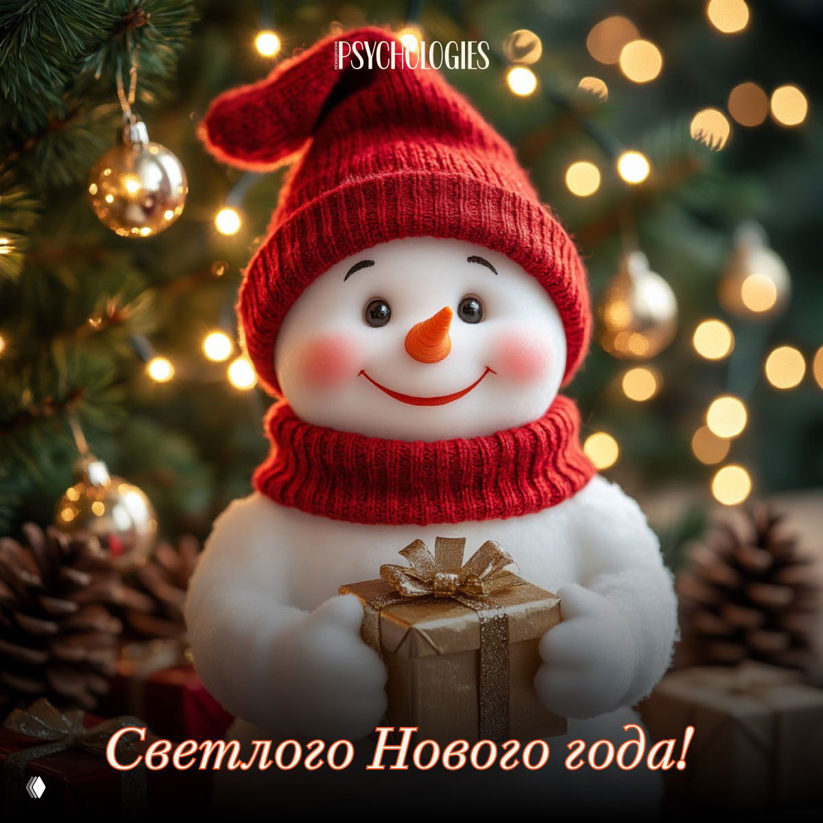 Забавная игрушечная фигурка снеговика в красной шапке на фоне мерцающих огней ёлки — симпатичная и яркая поздравительная открытка.