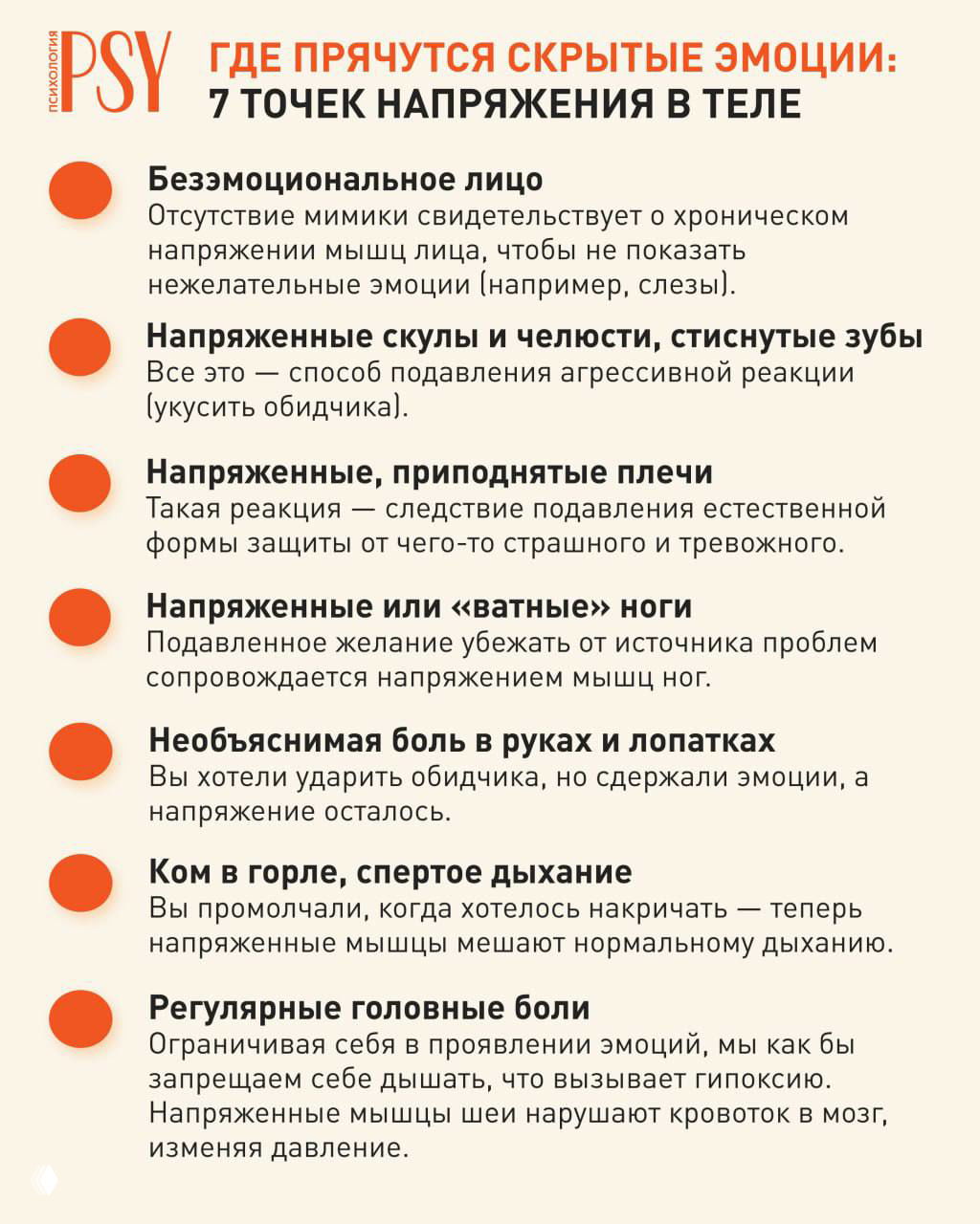 Инфографика с заголовком «Где прячутся скрытые эмоции»: 7 точек напряжения в теле с краткими пояснениями к каждой позиции