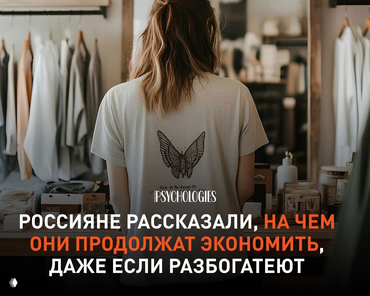 Женщина, стоящая спиной в магазине одежды, на фоне полок с вещами и косметикой; изображение иллюстрирует тему экономии на повседневных товарах и уходе.