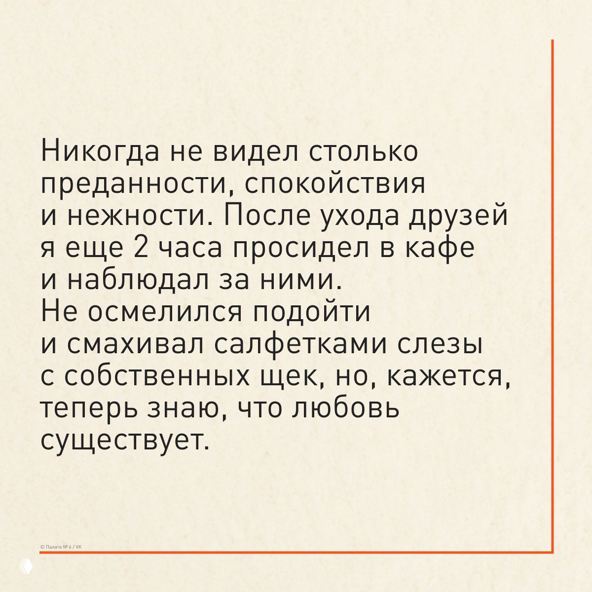Заключительный слайд истории: текст о наблюдении преданности и нежности в кафе, где автор понимает, что любовь действительно существует.