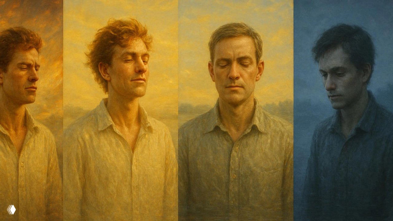 Четыре метафорических живописных портрета мужчин с разной палитрой и настроением, символизирующие разные типы темперамента