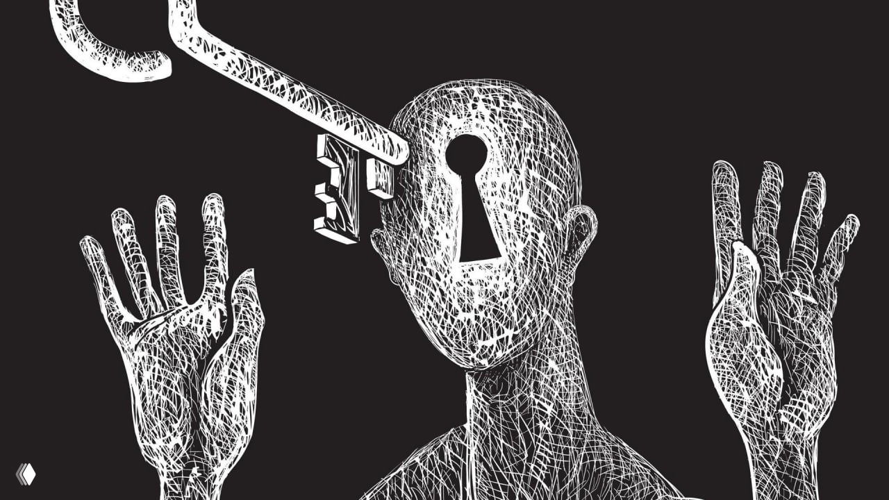 Черно‑белая иллюстрация силуэта с замочной скважиной в голове и ключом рядом, метафора уязвимости.