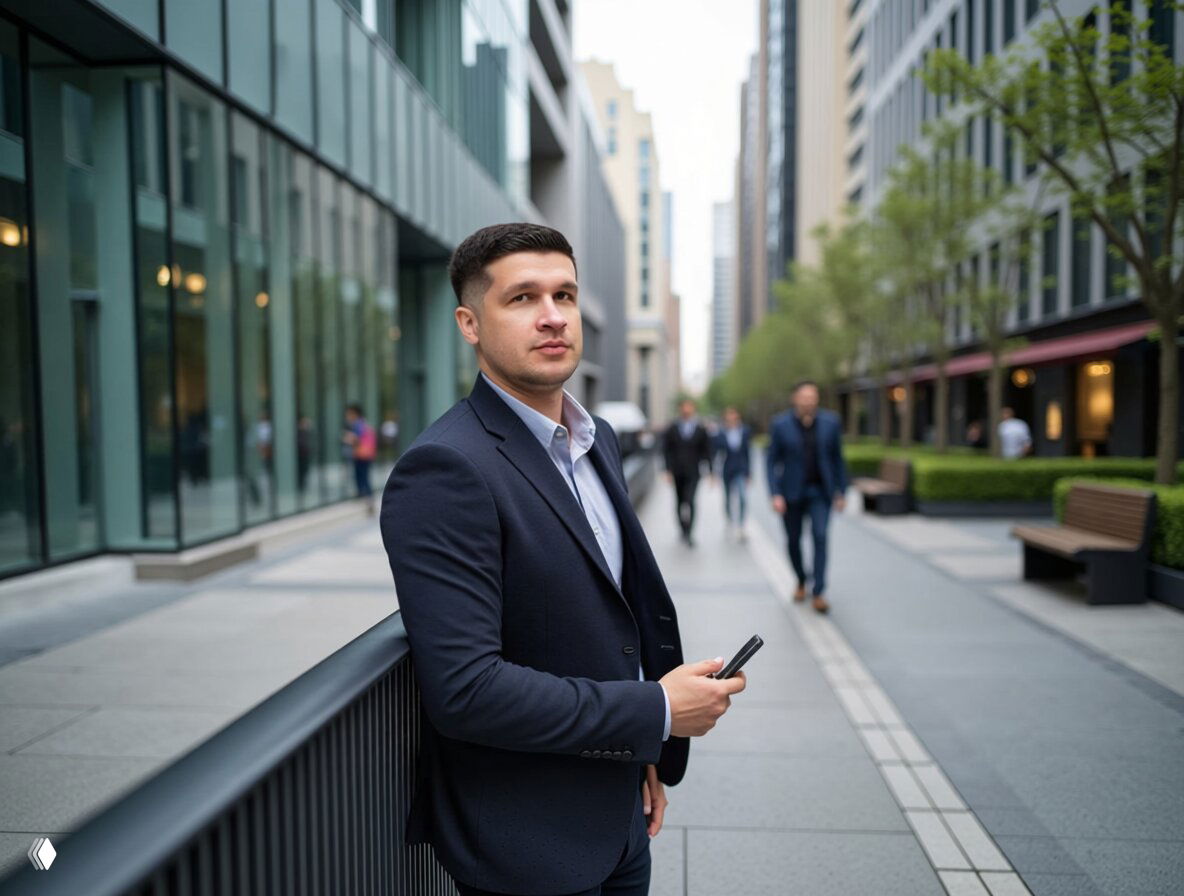 Деловой мужчина в костюме стоит на городской пешеходной улице с мобильным телефоном в руке, иллюстрация темы маркетинга и продаж
