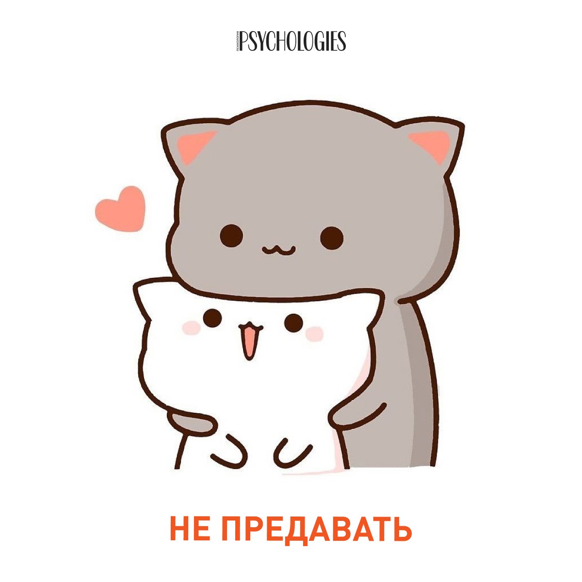 Иллюстрация двух котиков: серый обнимает белого, видно сердечко, логотип Psychologies и подпись 'Не предавать'.