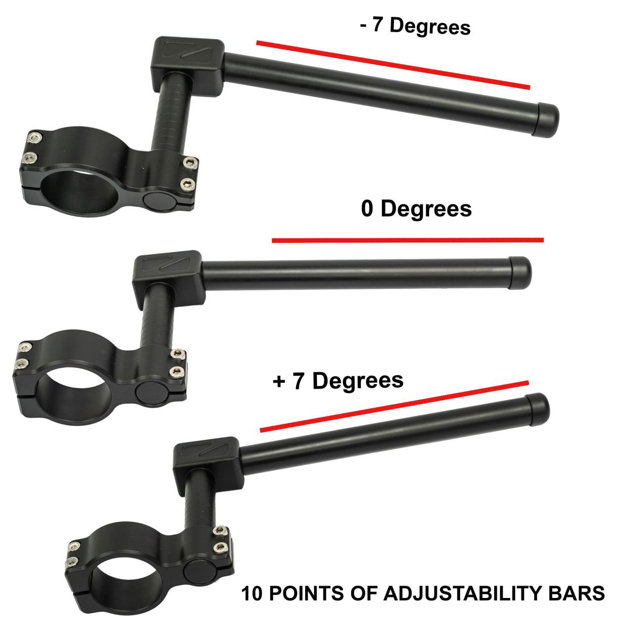 Набор регулируемых клипонов и пример установки на траверсу мотоцикла, показаны положения с различным углом для настройки посадки.