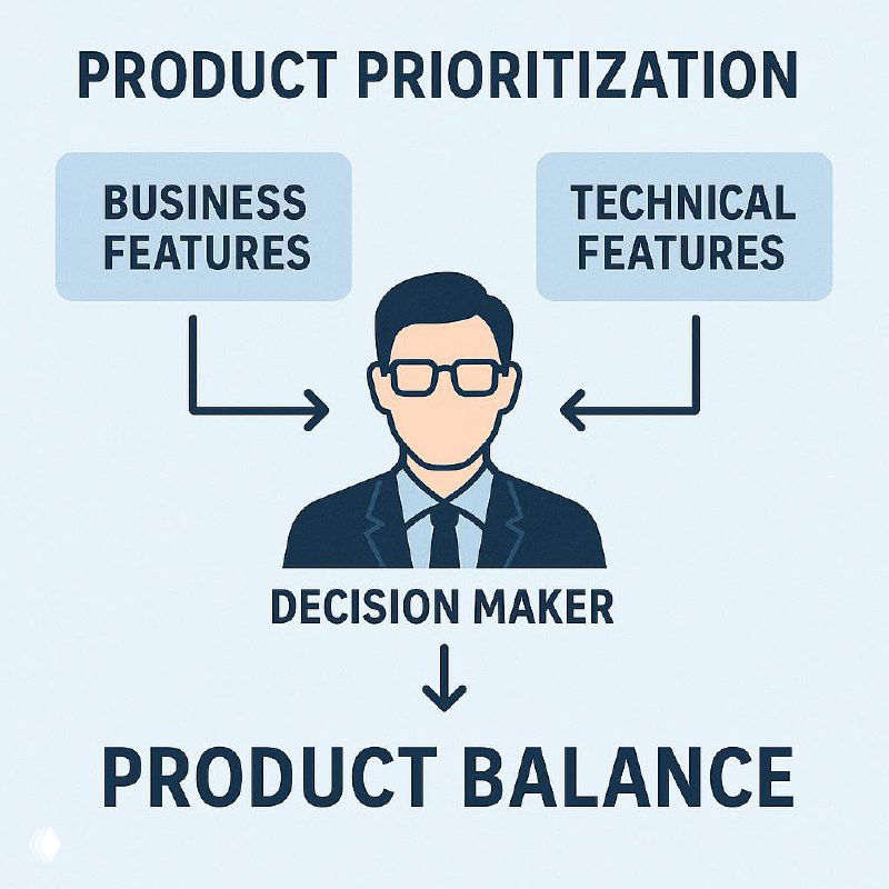Иллюстрация: схема приоритизации продукта с подписью Product Prioritization; бизнес‑ и технические фичи стрелками ведут к принимающему решение продакту и надписи Product Balance.