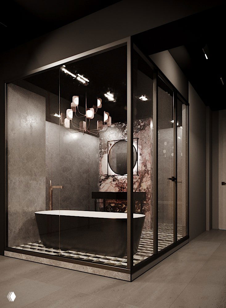 Мрачная стильная ванная, полностью застеклённая стеклянной кабиной с отдельно стоящей ванной внутри — драматичная визуализация проекта.