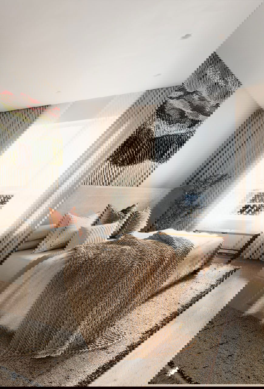 Светлая уютная спальня в бежевых тонах: кровать с крупным вязаным пледом, декоративные подушки, макраме-панно над изголовьем и прозрачные шторы.