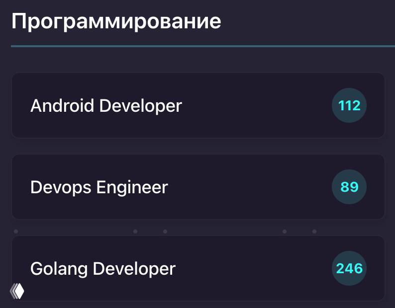 Фрагмент интерфейса с разделом «Программирование»: перечень вакансий (Android, DevOps, Golang) и индикаторы количества доступных собеседований.