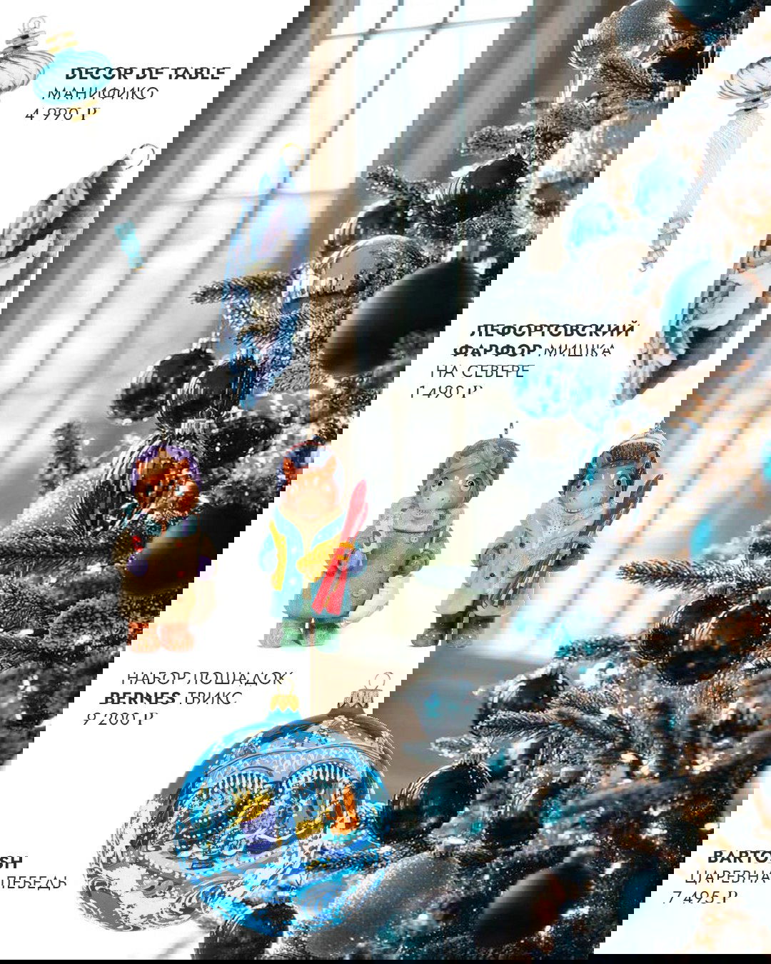 Светлая интерьерная фотография ёлки с бирюзово-синими шарами и рядом примеры фарфоровых и стеклянных игрушек — сочетание трендов и скандинавской эстетики.