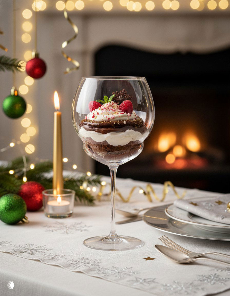 Десерт тирамису в высоком бокале на празднично сервированном столе с зажжённой свечой и размытым камином на заднем плане.