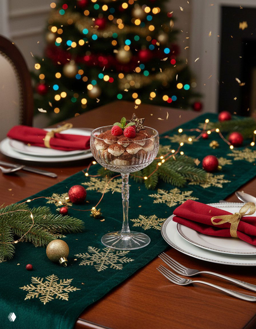 Низкий фужер с тирамису на фоне украшенной ёлки и праздничной скатерти, акцент на текстуре крема и ягодах сверху.