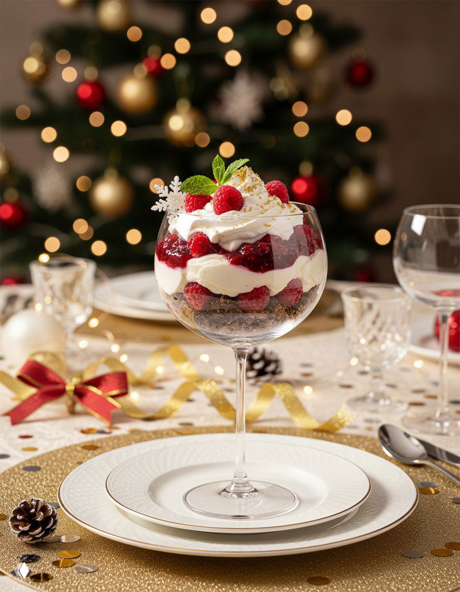 Десерт в низком широком бокале с печеньем и ягодным слоем на столе с праздничными свечами и еловыми ветками.