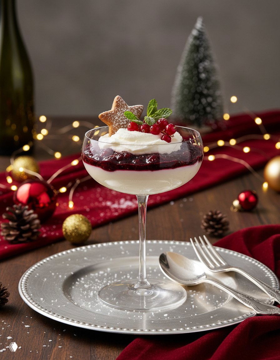 Бокал с кремом, красными ягодами и мятой на фоне ёлочных огней; акцент на прозрачности бокала и слоях десерта.