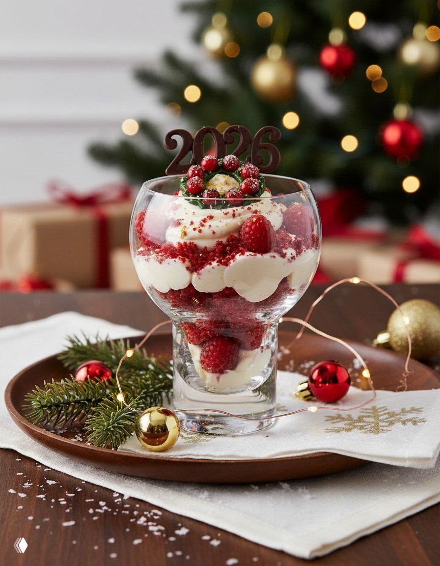 Высокий бокал с ярким малиново‑белым десертом, украшенный фигурной вставкой "2026" и еловыми веточками на заднем плане.