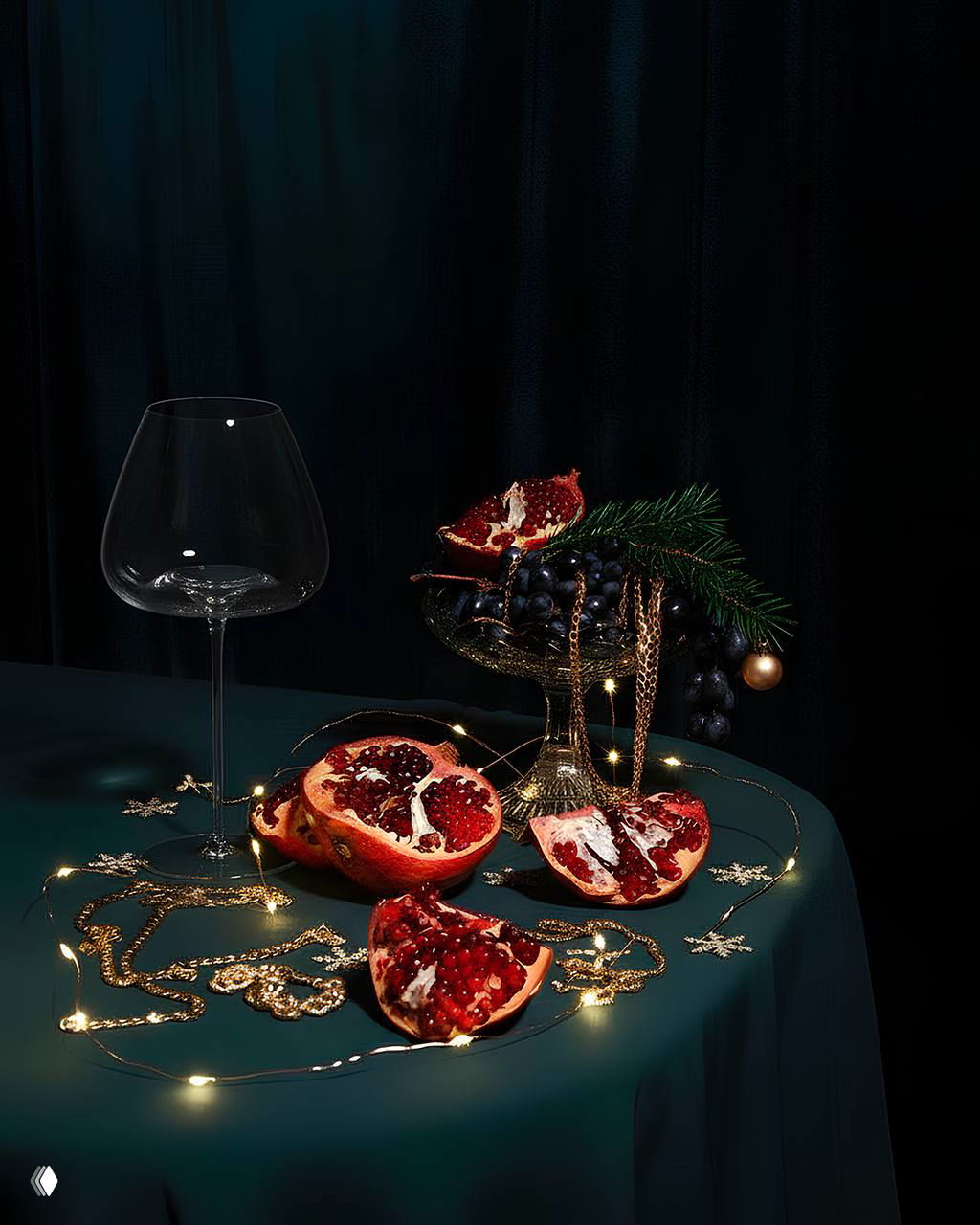 Новогодний натюрморт: высокий бокал, разрезанные гранаты, еловая ветка и гирлянда на тёмном столе — праздничная, тёплая атмосфера.