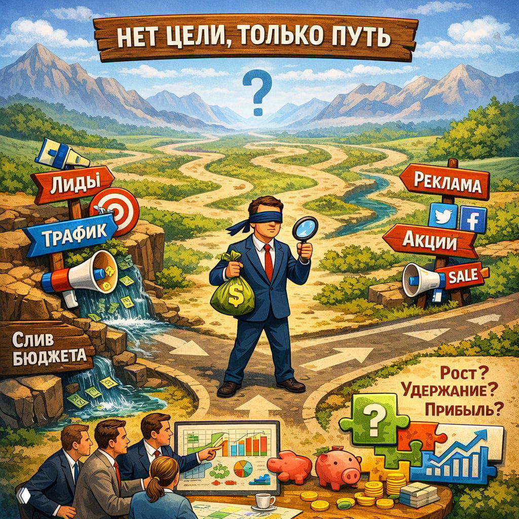 Иллюстрация: слепая навигация в маркетинге — менеджер с мешком денег вслепую выбирает путь между лидами, трафиком, рекламой и акциями на распутье дорог.