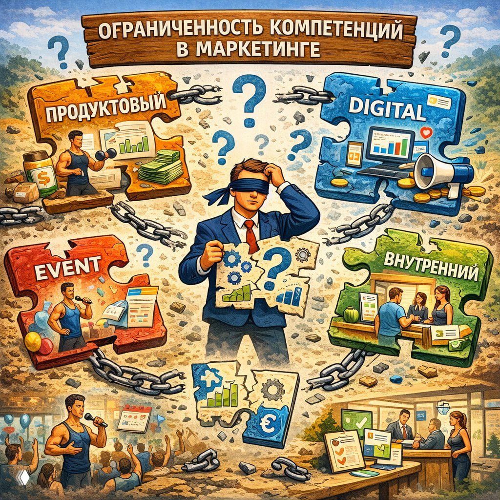 Иллюстрация: ограниченность компетенций в маркетинге — пазлы продуктового, digital, event и внутреннего маркетинга не стыкуются, маркетолог в раздумьях.