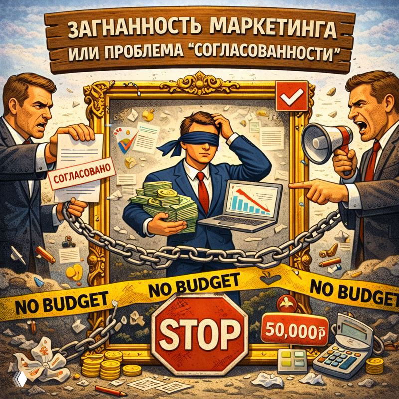 Иллюстрация: загнанность маркетинга и проблема согласованности — маркетолог стеснён бюджетными и управленческими ограничениями с символикой стоп и пустого бюджета.
