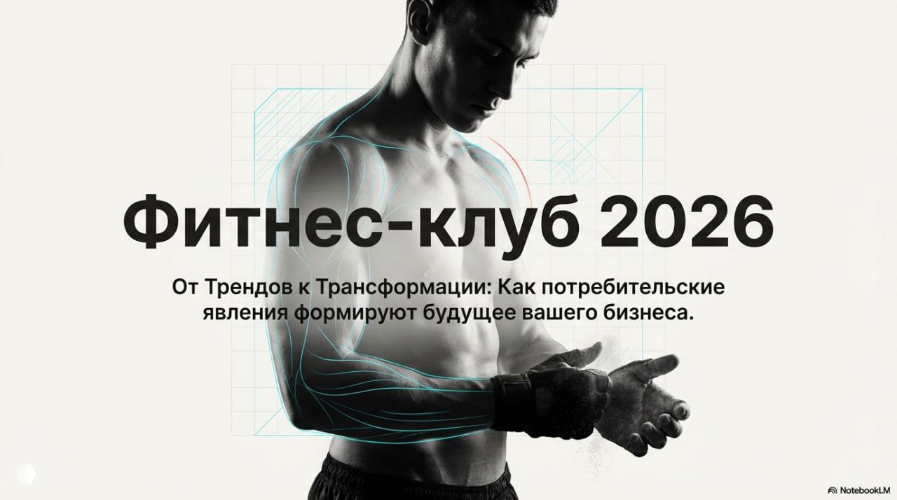 Обложка презентации «Фитнес‑клуб 2026»: силуэт атлета, графические элементы и заголовок в минималистичном деловом стиле презентации для бизнеса.