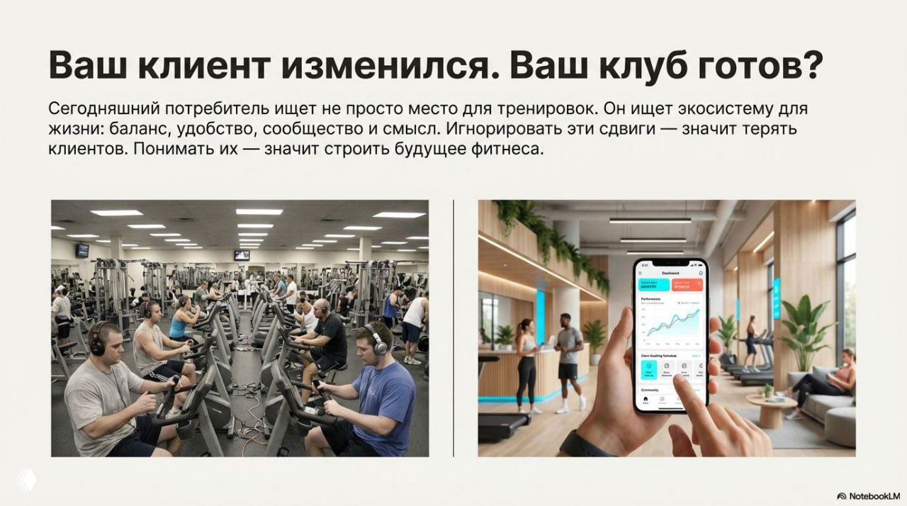Интерьер тренажёрного зала с множеством занимающихся и изображение мобильного приложения — пример слайда про изменение клиентского опыта и цифровизацию услуг.