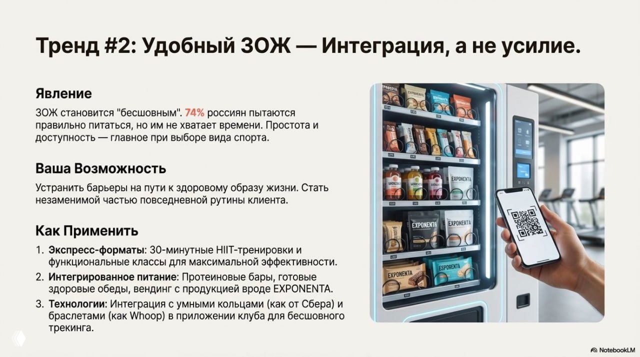 Слайд «Тренд #2: Удобный ЗОЖ» с автоматом здорового питания и QR‑оплатой в тренажёрном зале — идея интеграции питания в повседневность клиента.