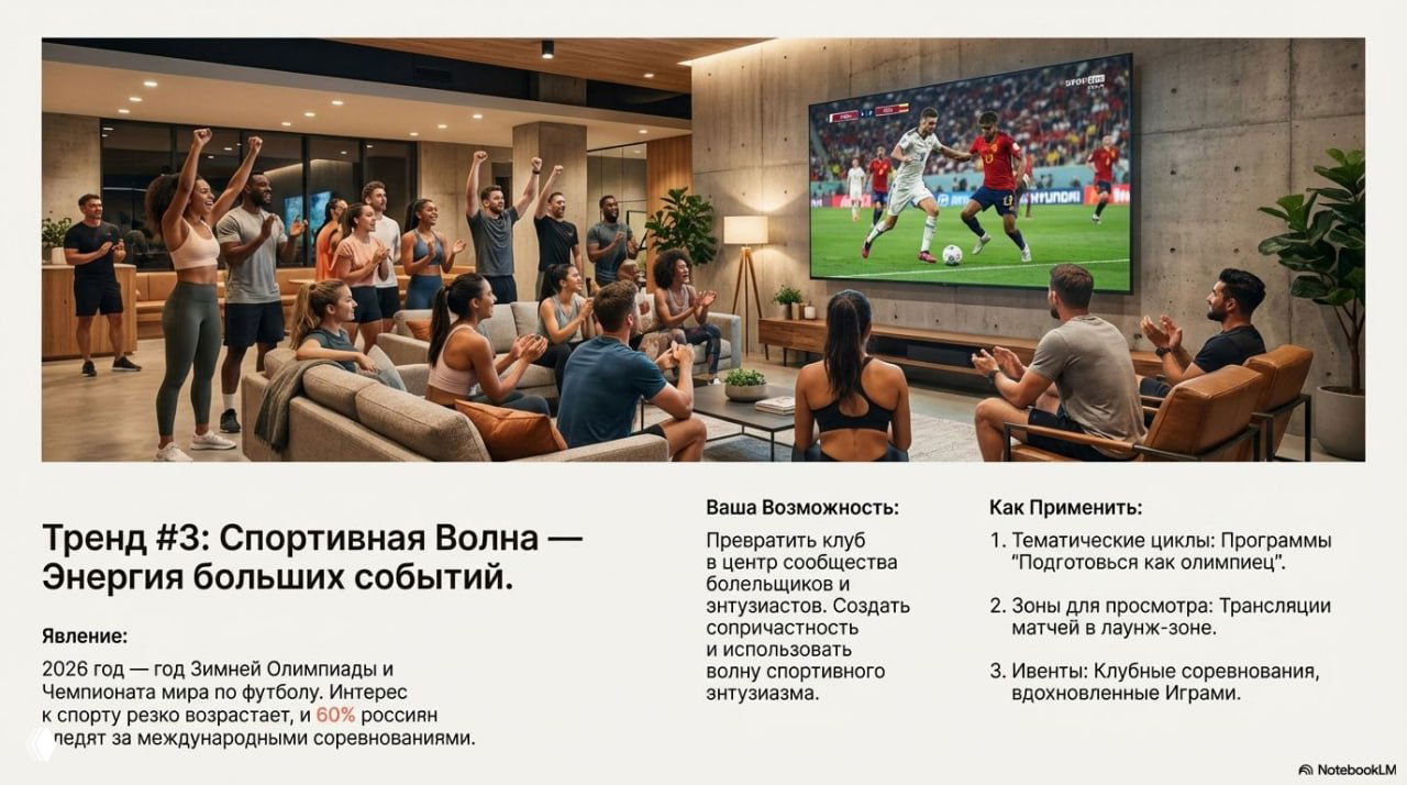 Лаунж‑зона клуба с людьми, смотрящими спортивную трансляцию на большом экране — слайд про спортивную волну и создание сообщества фанатов в клубе.