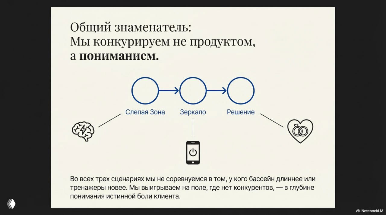 Слайд презентации: схема «Слепая зона — Зеркало — Решение» и текст о конкуренции через понимание клиентской боли.