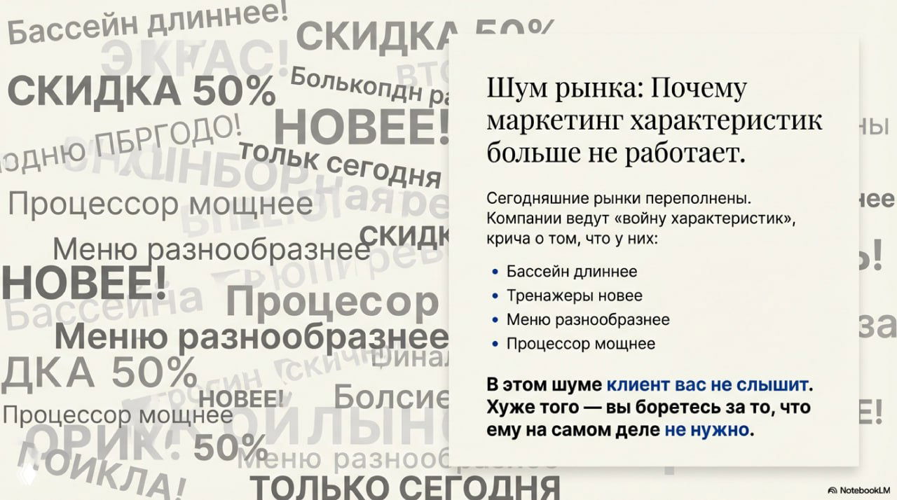 Слайд «Шум рынка»: облако слов с акцентом на то, почему маркетинг характеристик перестал работать, текст объясняет проблему.