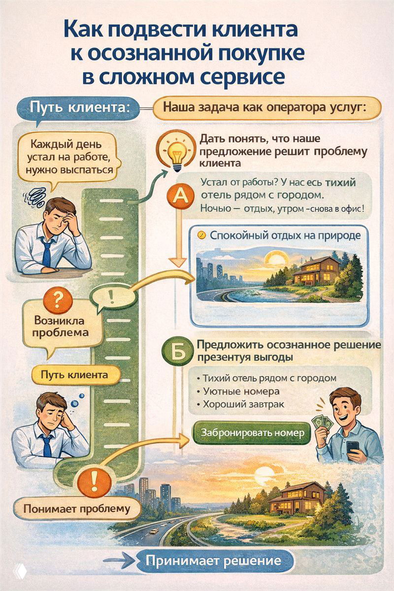 Инфографика: как подвести клиента к осознанной покупке в сложном сервисе — иллюстрация шагов пути клиента и презентация выгод сервиса.