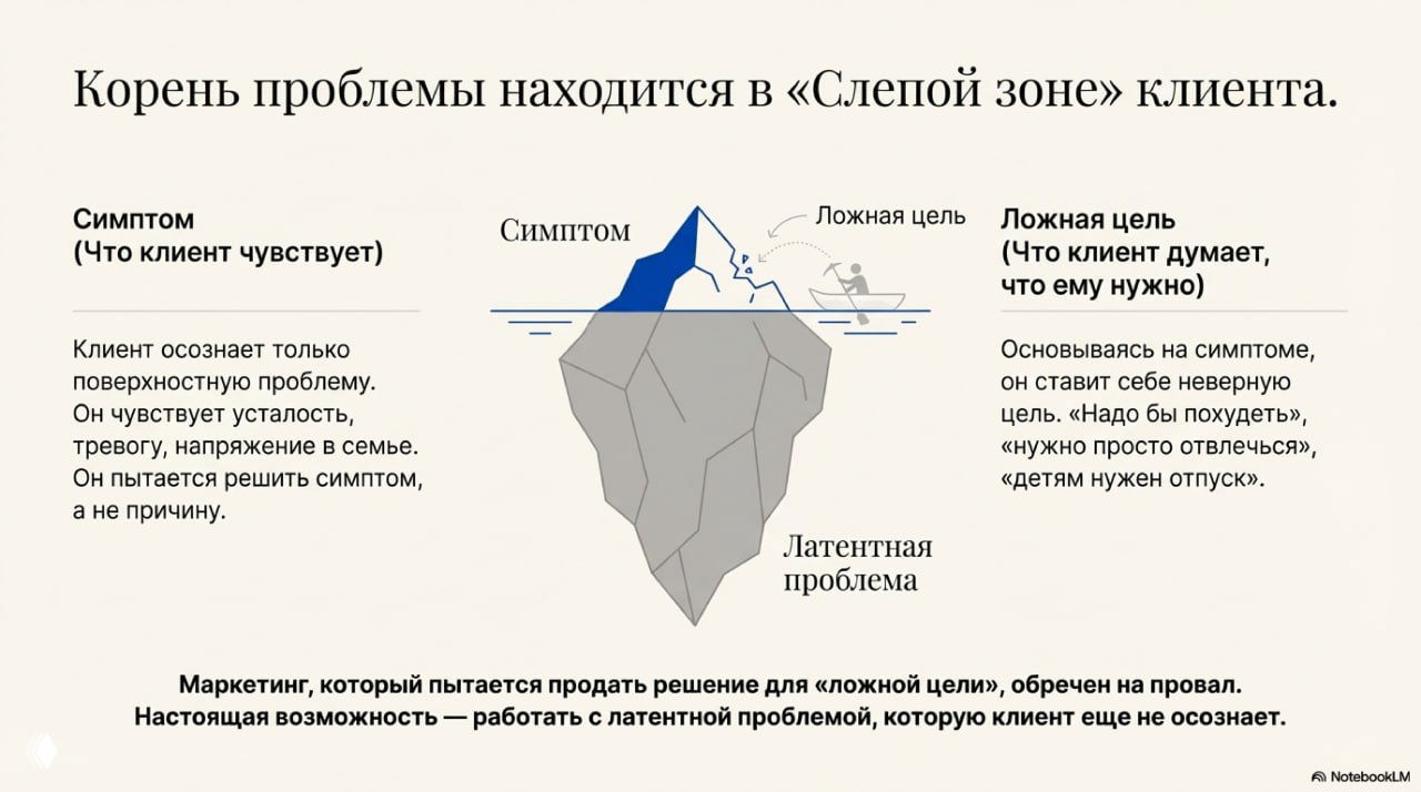 Слайд с айсбергом: верхние симптомы, под ними латентная проблема; объяснение, почему нужно работать с истинной болью клиента.