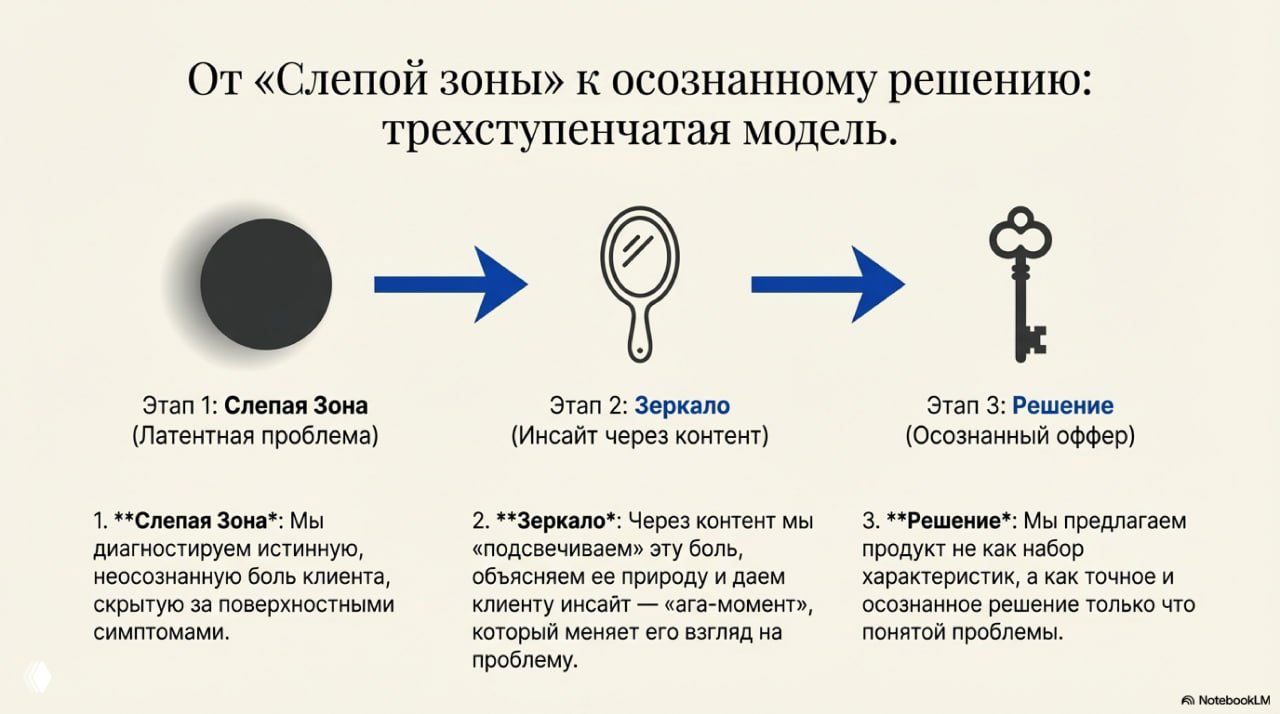 Трёхступенчатая модель от «Слепой зоны» к осознанному решению: иконки, стрелки и краткие пояснения для каждого этапа.