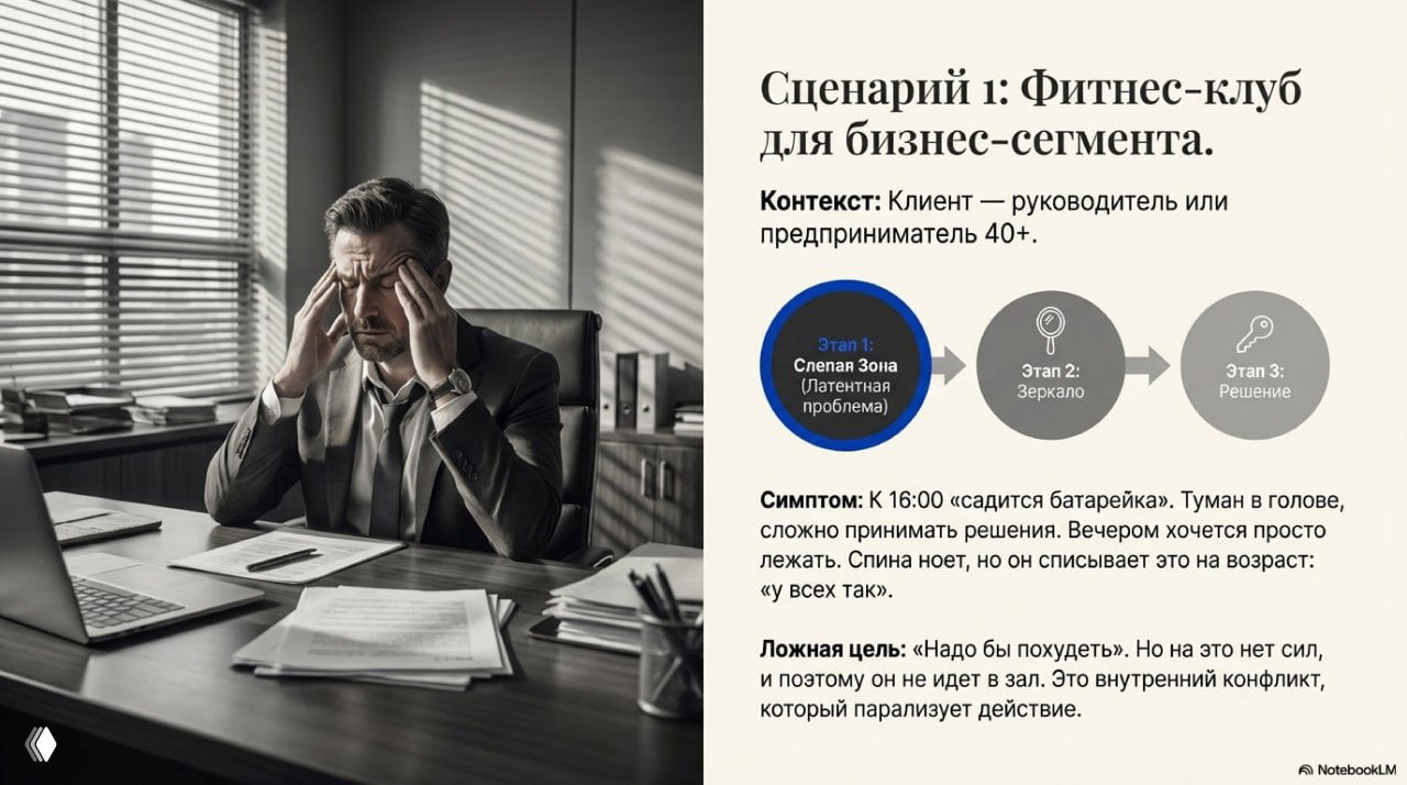 Слайд сценария для фитнес‑клуба: фотографии делового человека и текст о симптомах усталости у руководителя 40+ и ложной цели.