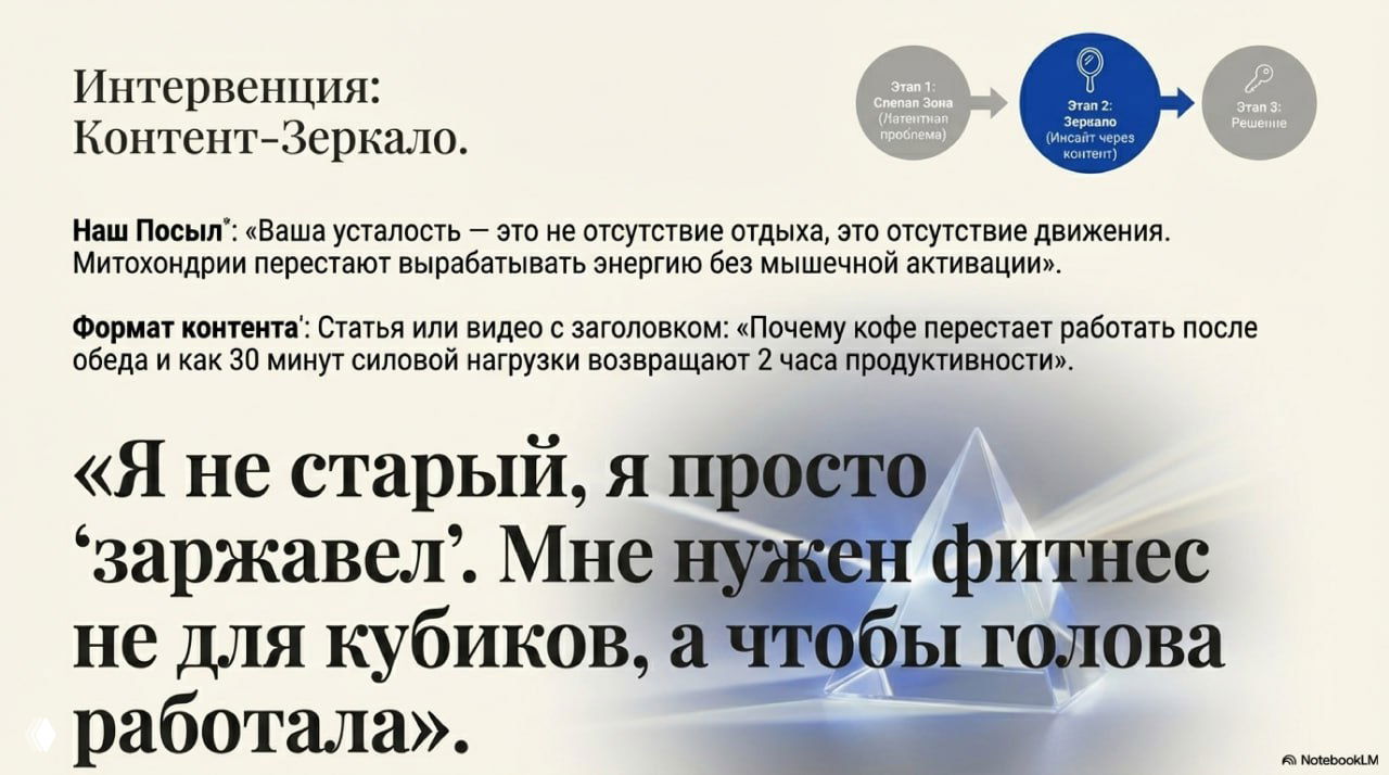 Слайд «Интервенция: Контент‑Зеркало» с посылом и примером формата контента (статья или видео), крупная типографика цитаты.