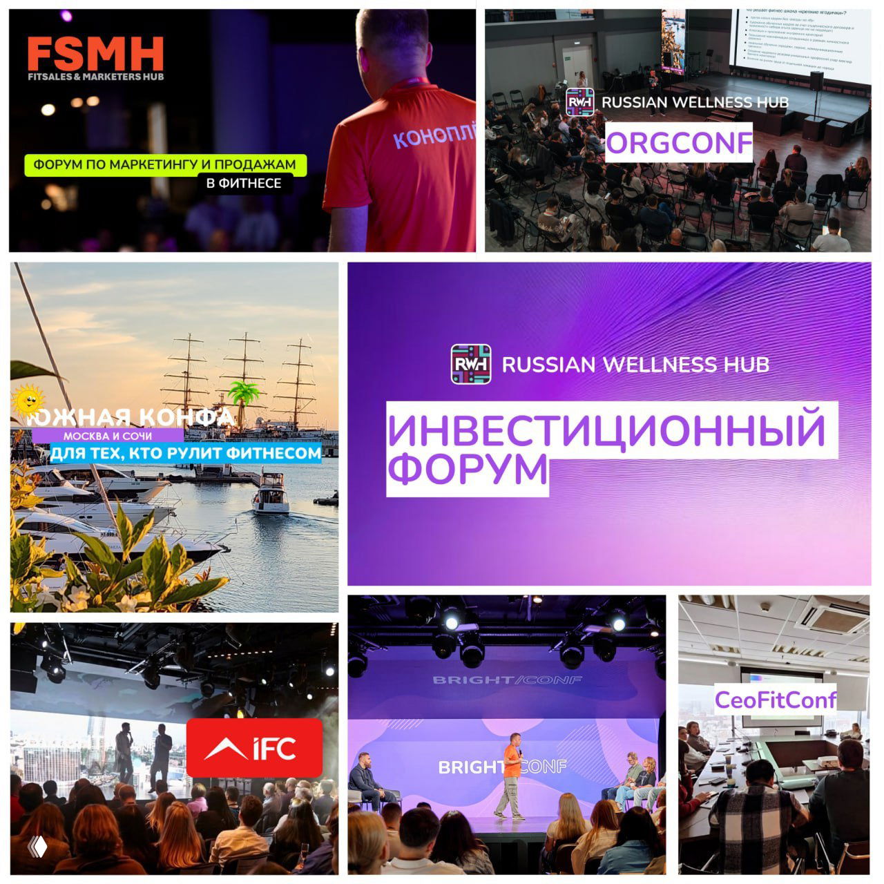 Коллаж промо-баннеров и фото с ивентов Russian Wellness Hub: сцены, аудитории, логотипы OrgConf, Bright Conf и Южной конфы.