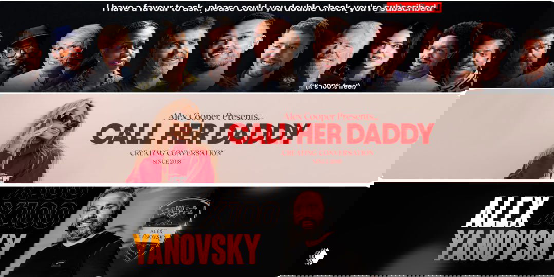 Три рекламных баннера и портреты ведущих подкастов: Call Her Daddy, The Diary of a CEO и Алекс Яновский — промо‑изображение с лицами ведущих и логотипами.