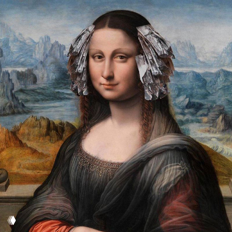 Пародийный портрет Моны Лизы в бьюти-стиле: фольга в волосах, классический пейзаж на заднем плане, метафора салонных услуг
