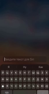 Скриншот iPhone: поле ввода с подсказкой «Введите текст для Siri», видна русская клавиатура, затемнённый фон — иллюстрация шага.