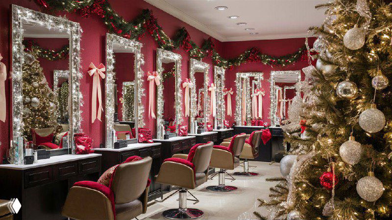 Интерьер салона красоты, оформленный к Новому году: ряд рабочих мест с зеркалами, гирляндами и праздничными украшениями.