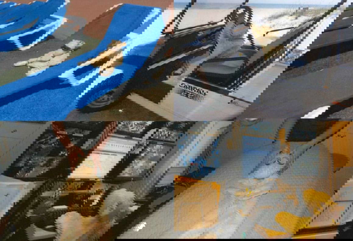 Коллаж из фотографий: игрушечный жираф Джоши на шезлонге у бассейна, в электрокаре у пляжа, на массажном столе и у стойки рецепции отеля.