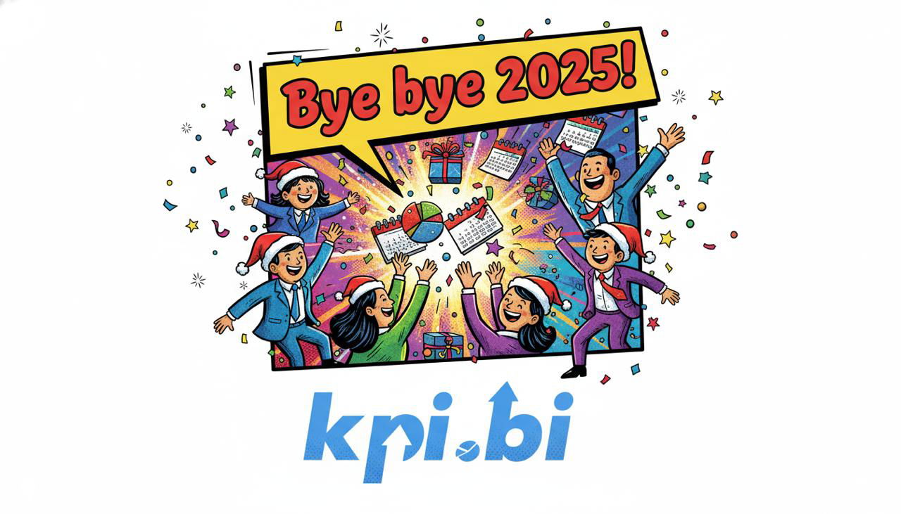 Иллюстрация: люди в праздничных шапках, конфетти и баннер «Bye bye 2025!», на нижней части — логотип kpi.bi, праздничная графика.