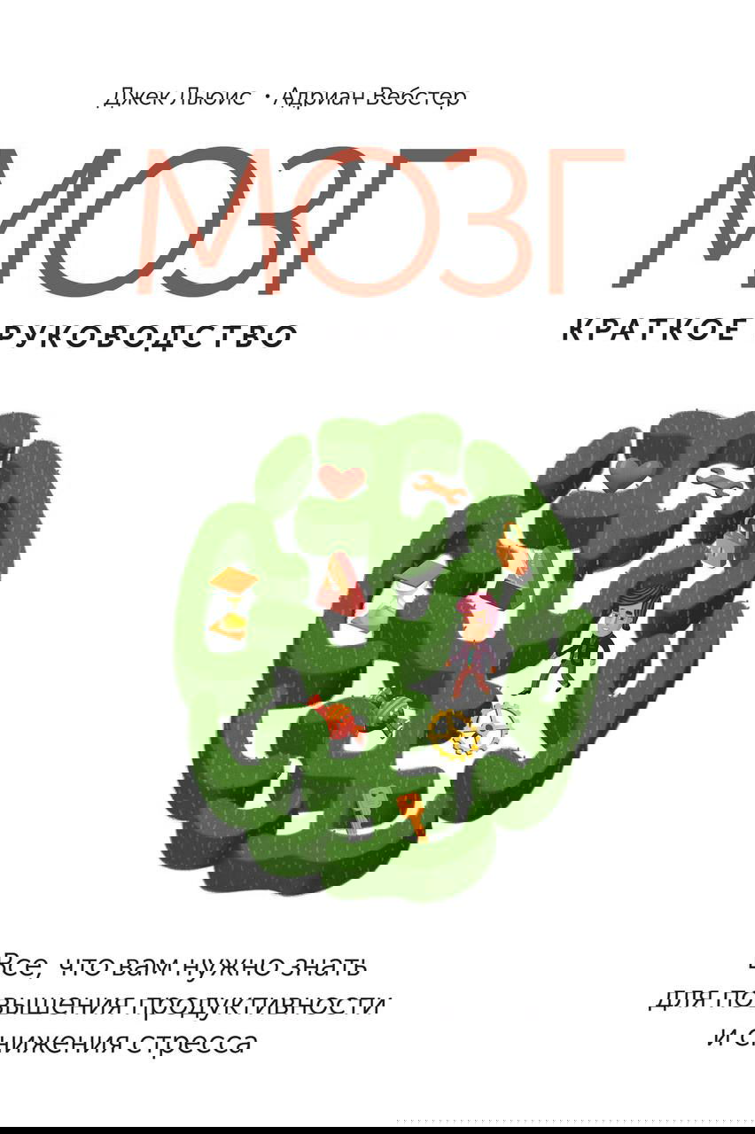 Обложка книги «Мозг, краткое руководство» — иллюстрация зелёного лабиринта в форме мозга с маленькими иконками и названием книги.