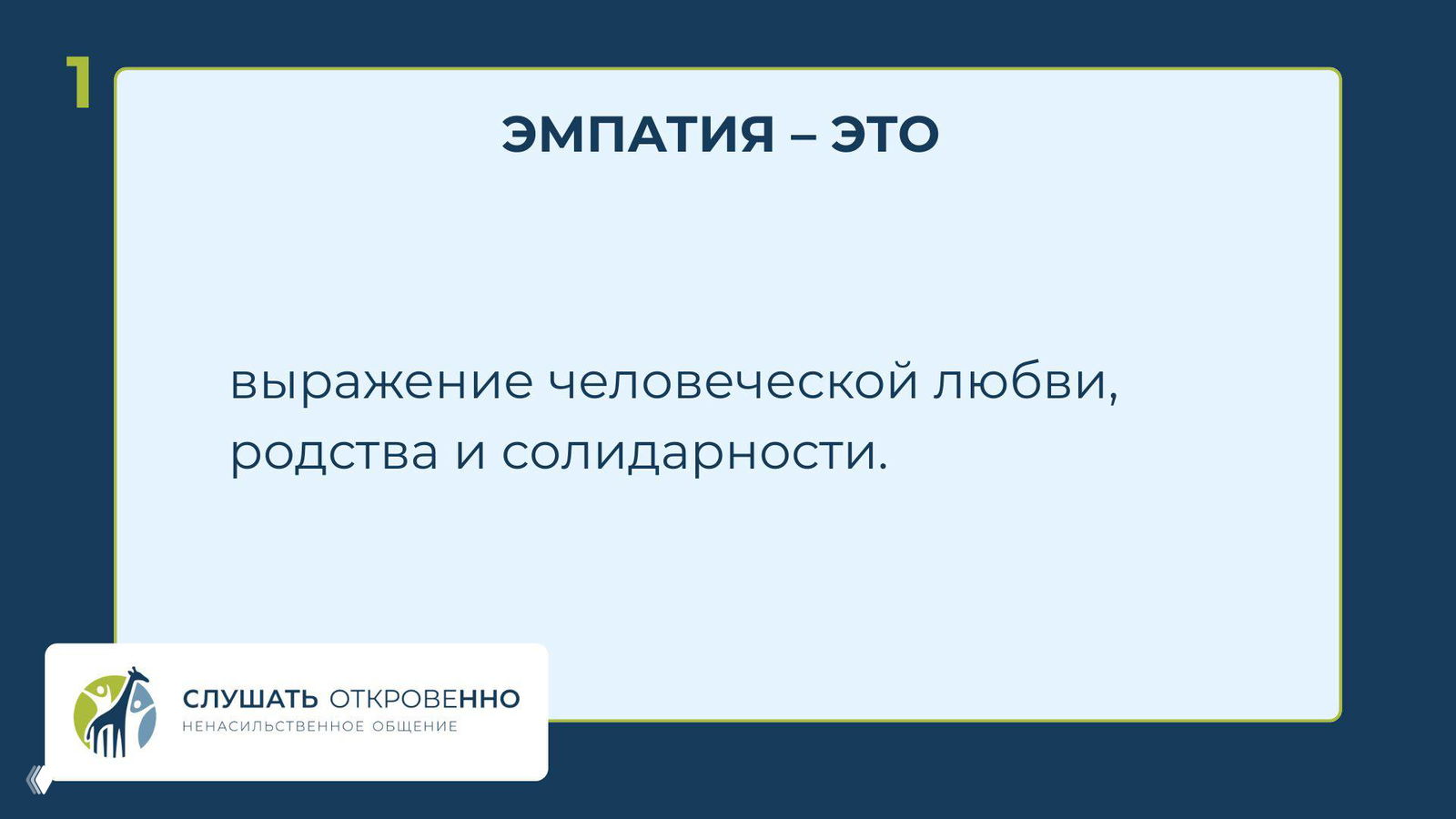 Слайд презентации: крупный заголовок «Эмпатия — это» и определение «выражение человеческой любви, родства и солидарности», логотип «Слушать откровенно» в углу.