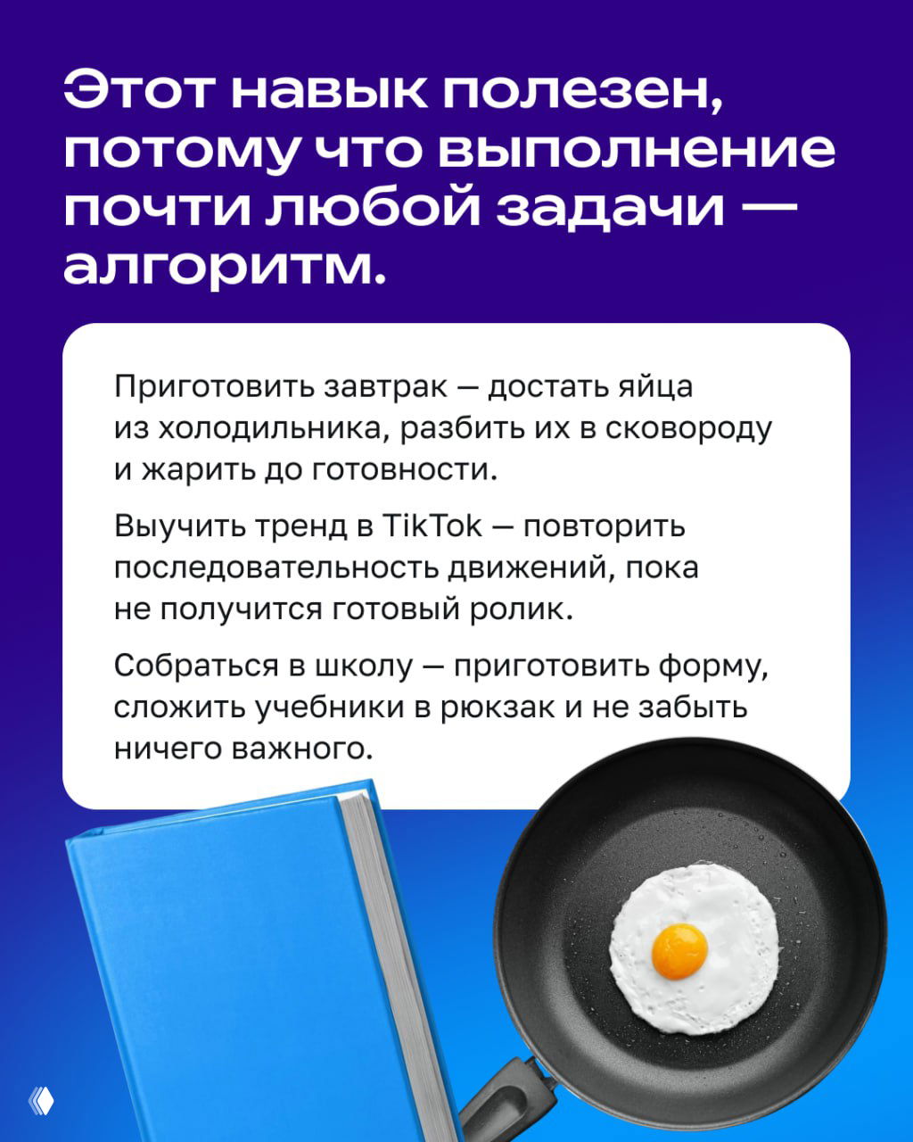 Слайд с примерами алгоритмов в повседневной жизни: приготовление завтрака, тренды в TikTok, сборы в школу; изображена сковорода и книга.